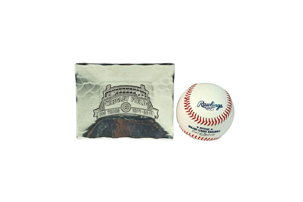 Product Shot of a Commemorative Tray of Wrigley Field and a Rawlings Baseball
