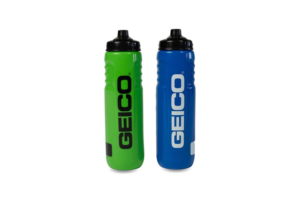Product Shot of Blue and Green Geico Water Bottles
