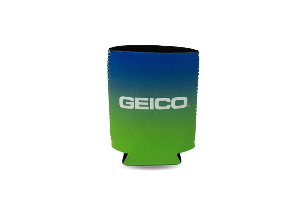Product Shot of a Blue and Green Geico Koozie