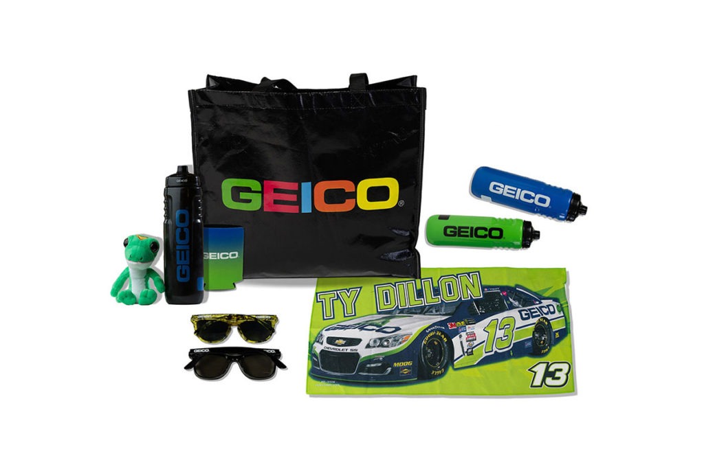 Product Shots of the Geico Collection, Including a Geico branded tote bag, water bottles, and sunglasses