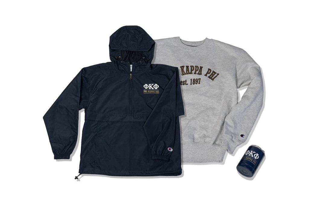 Product Shot of two Phi Kappa Phi Sweaters and Koozie