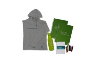 Rowan Tree branded Gray Hoodie, Green Waterbottle, Green Notebooks, and Colored Pencils