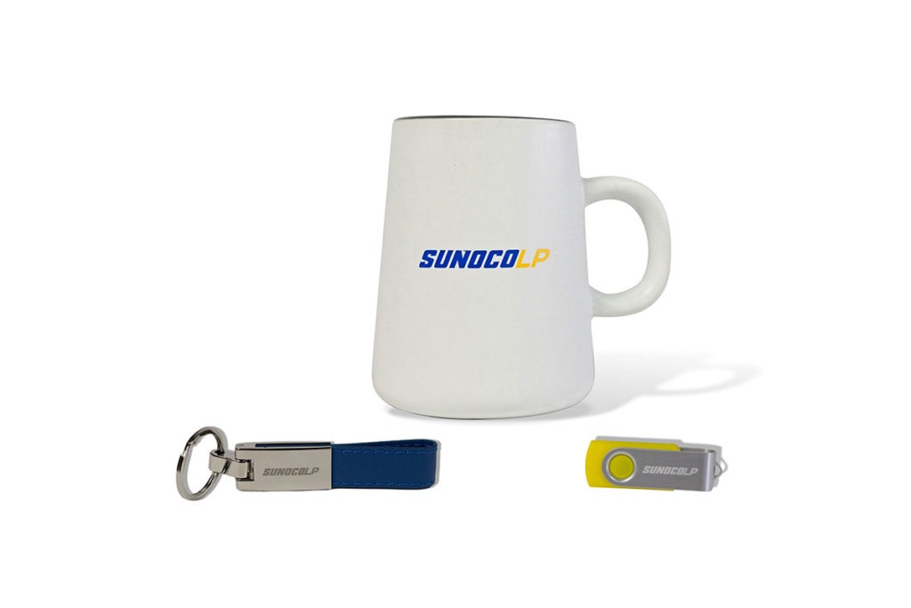 Product Shot of a Sunoco Accessories, including a Mug, USB Stick, and Keychain