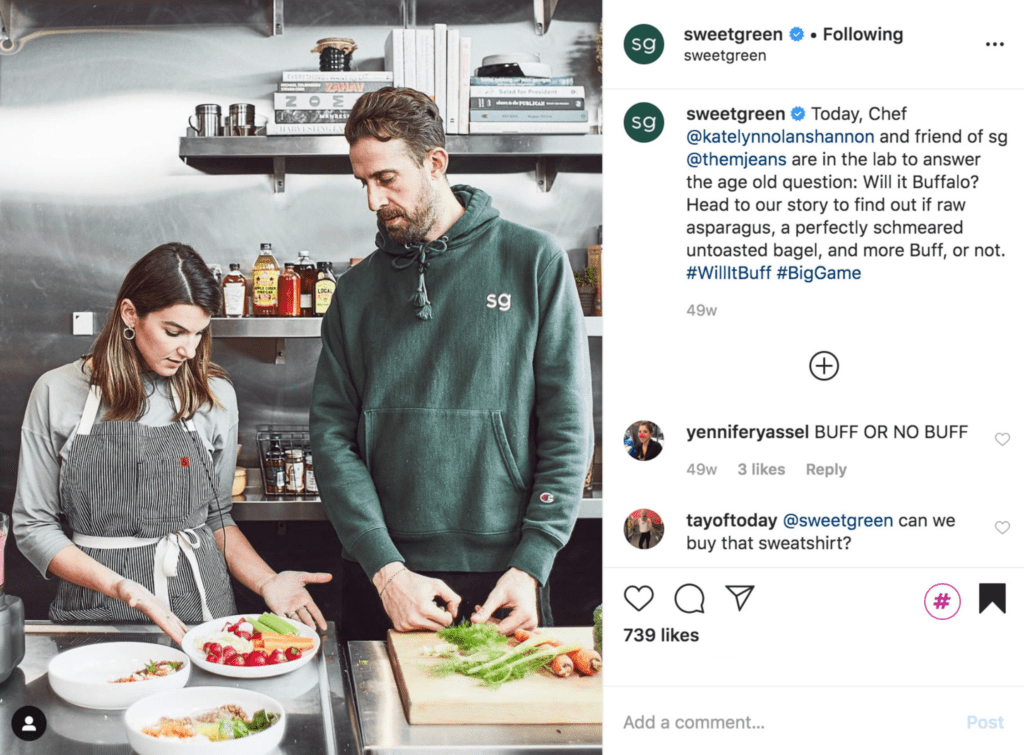 Sweetgreen jacket on a man cooking in a kitchen with a woman